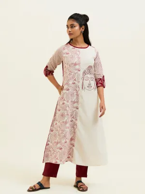 Maroon Handblock Printed Buddha Embroidered A-line Kurta