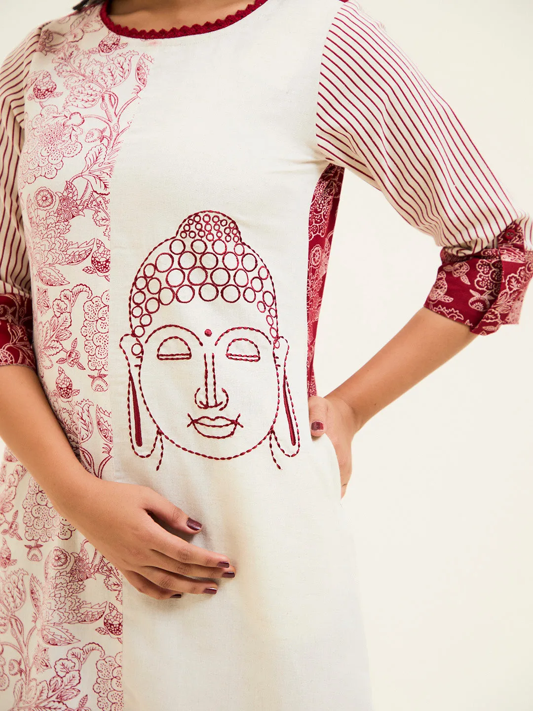 Maroon Handblock Printed Buddha Embroidered A-line Kurta