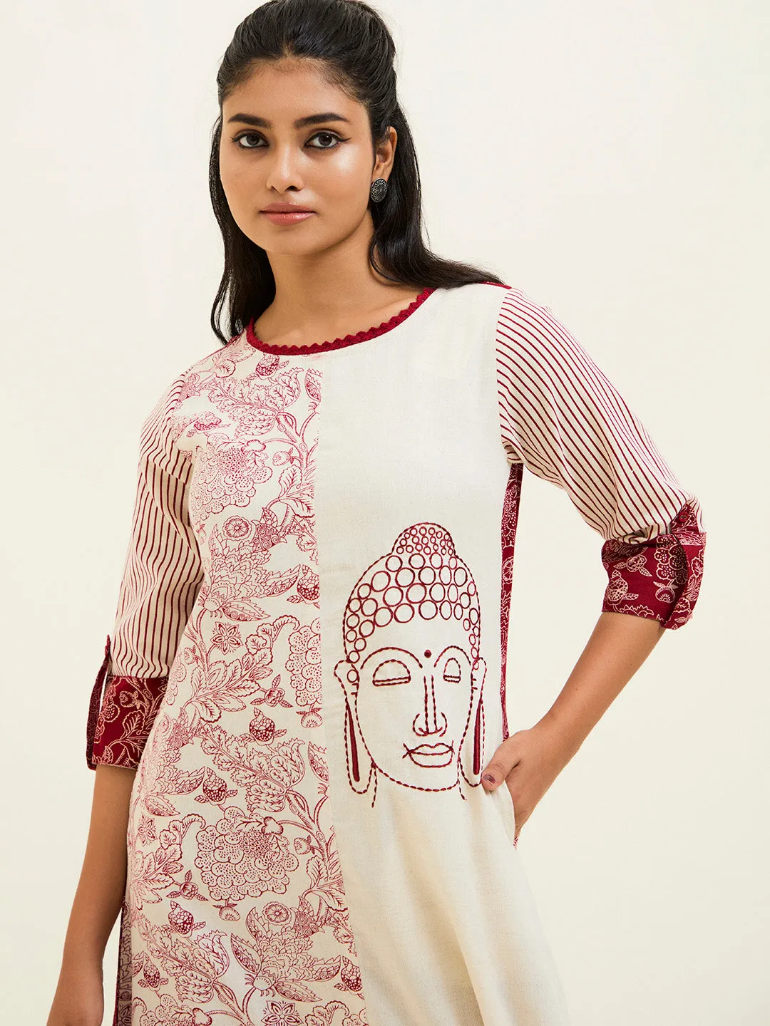 Maroon Handblock Printed Buddha Embroidered A-line Kurta