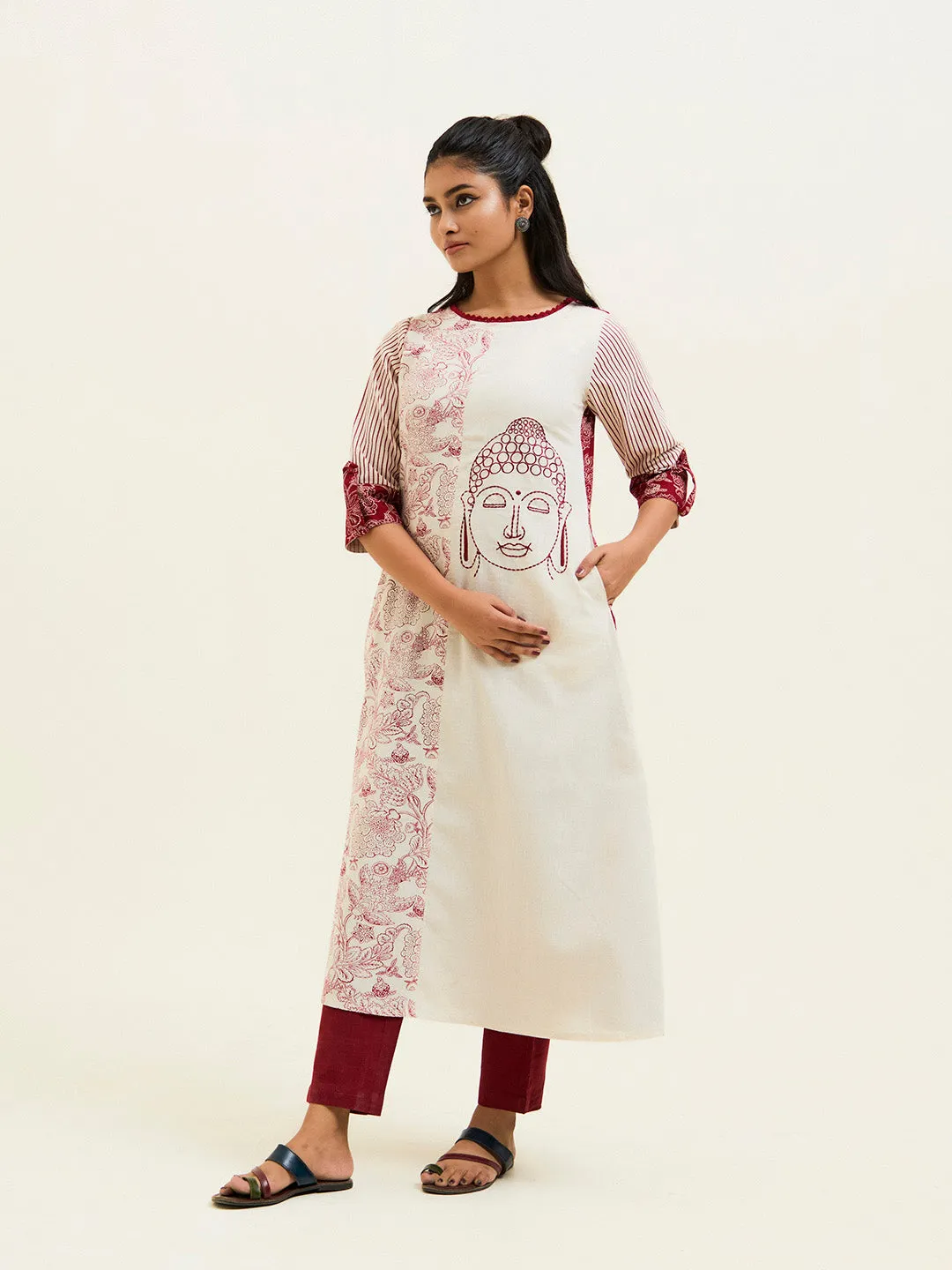 Maroon Handblock Printed Buddha Embroidered A-line Kurta