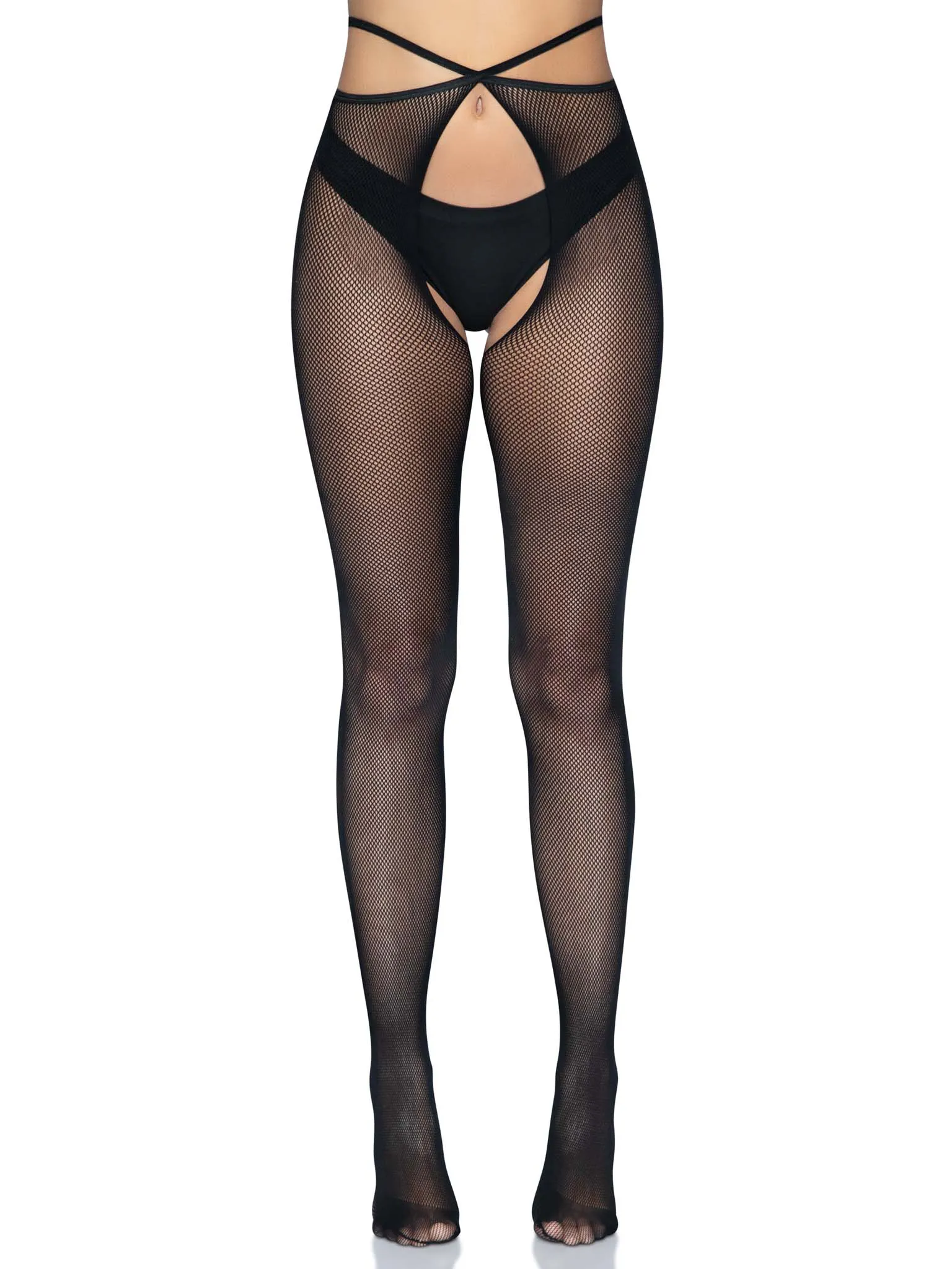 Micro Net Strappy Crotchless Tights - One Size - One Size -Black