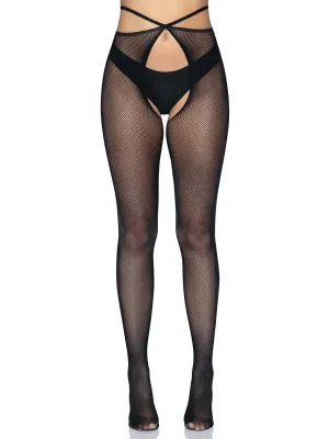 Micro Net Strappy Crotchless Tights - One Size - One Size -Black