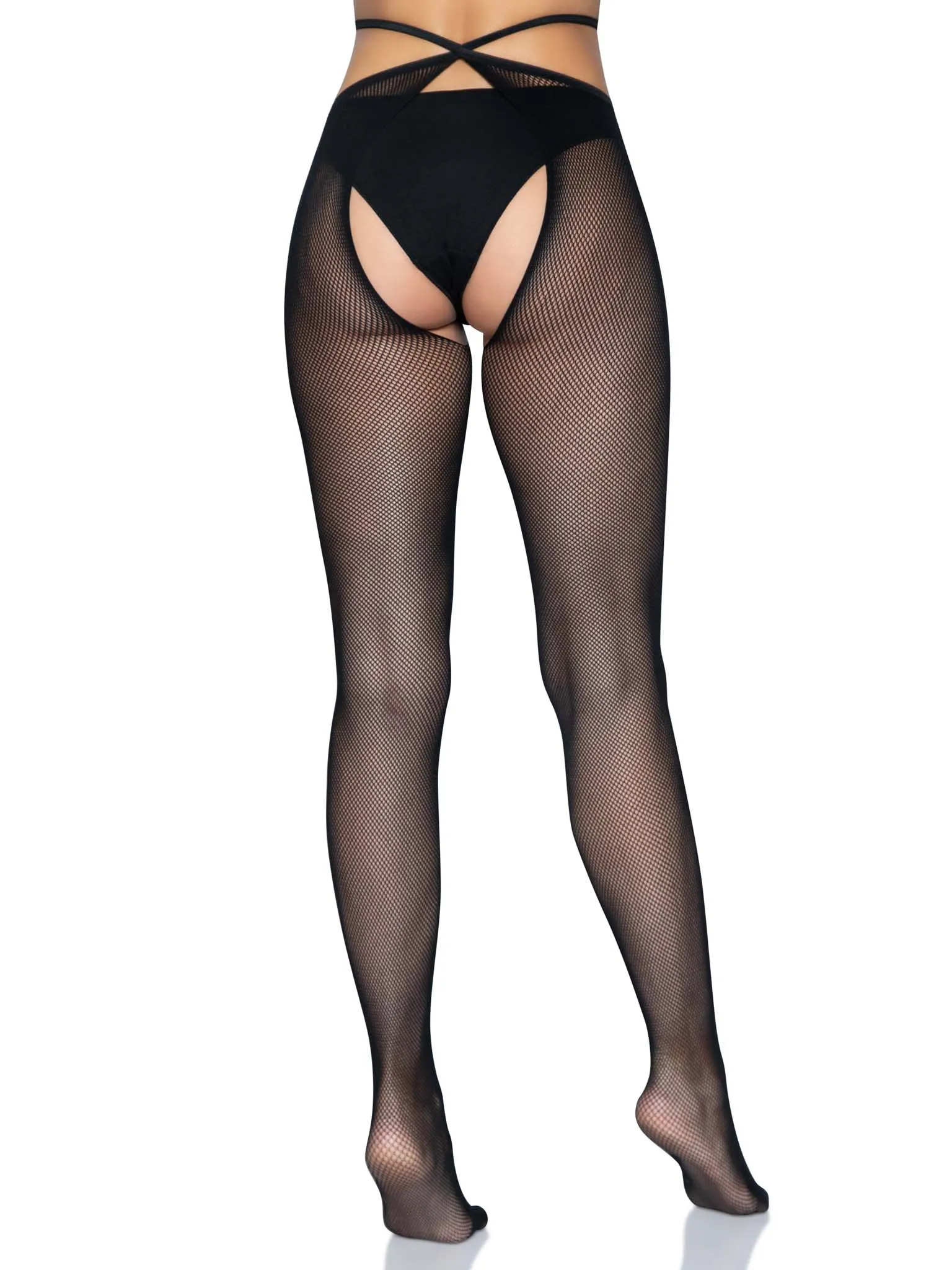 Micro Net Strappy Crotchless Tights - One Size - One Size -Black