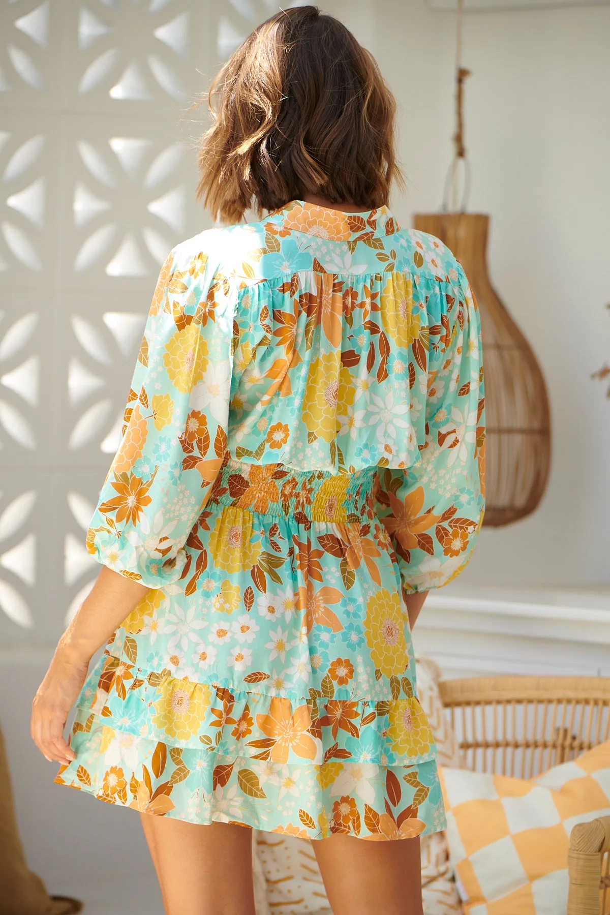 Mint Tiffany Print Flowers Mini Dress