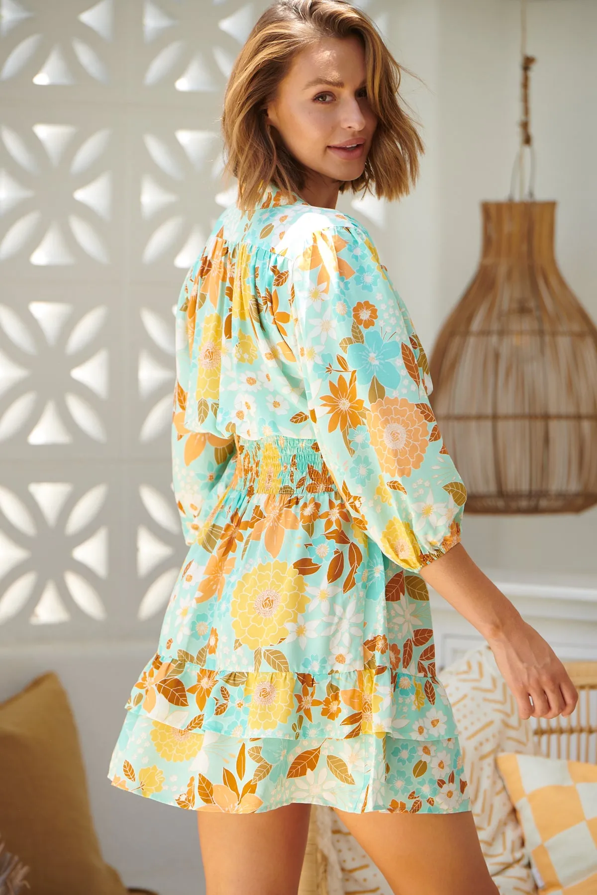 Mint Tiffany Print Flowers Mini Dress