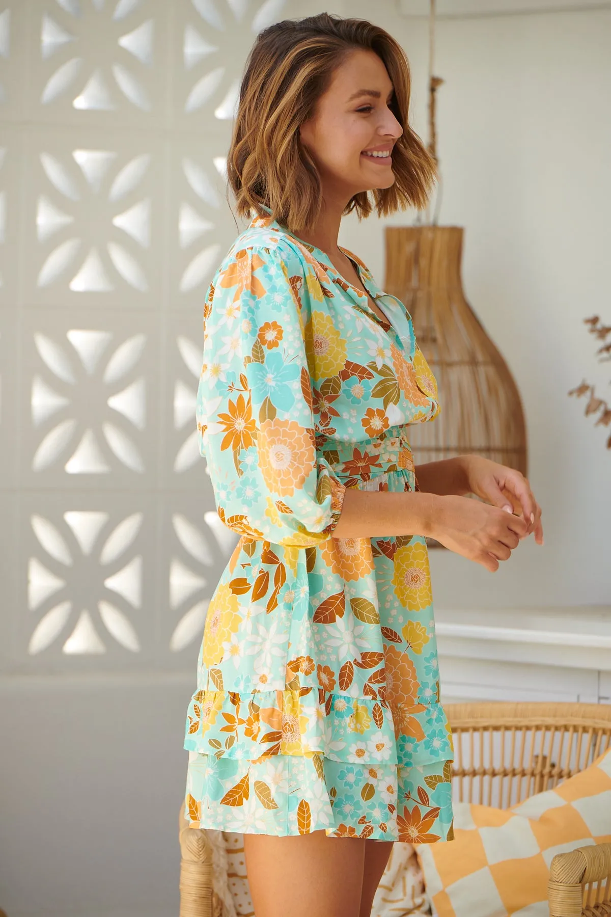Mint Tiffany Print Flowers Mini Dress