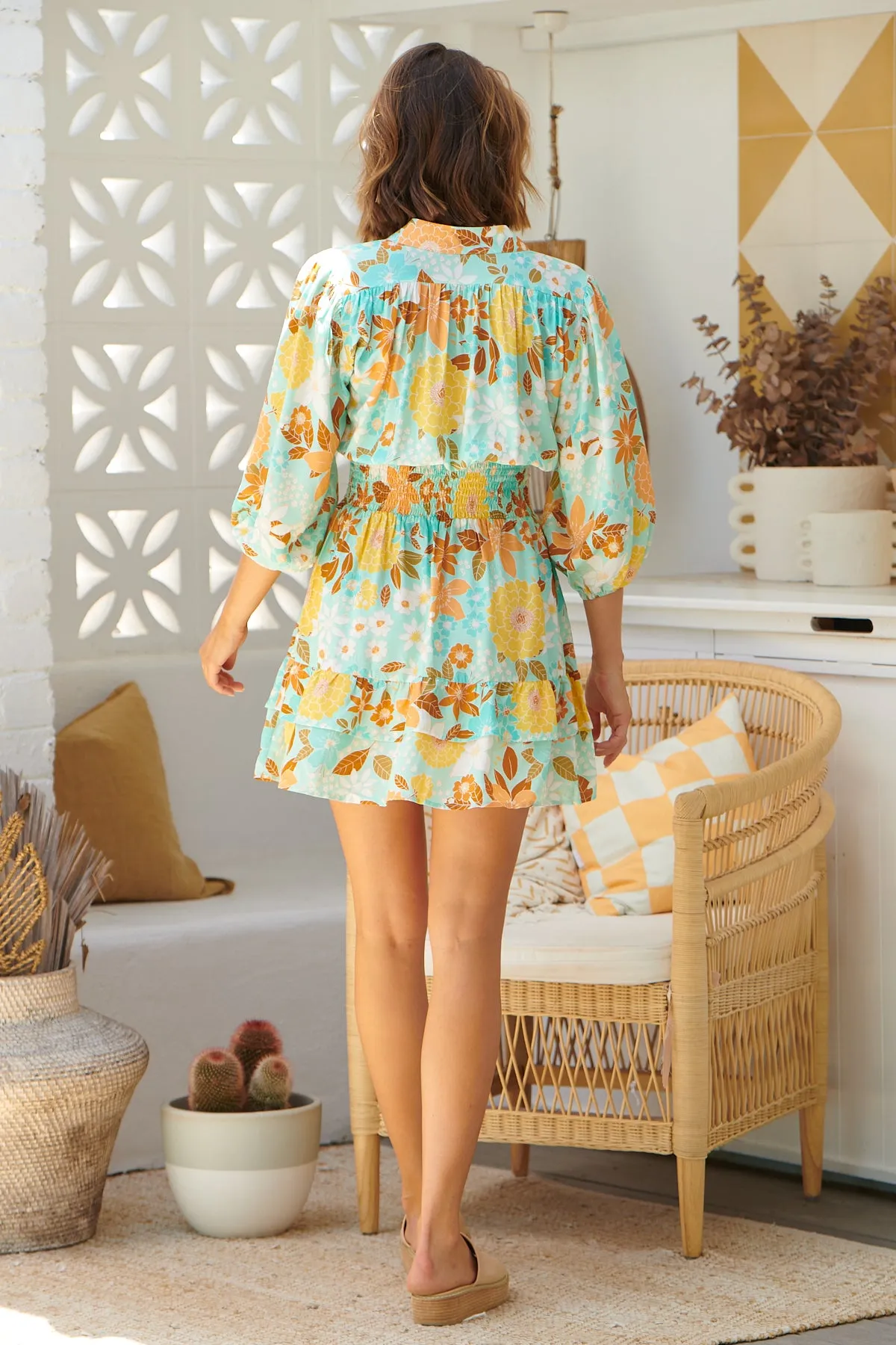 Mint Tiffany Print Flowers Mini Dress