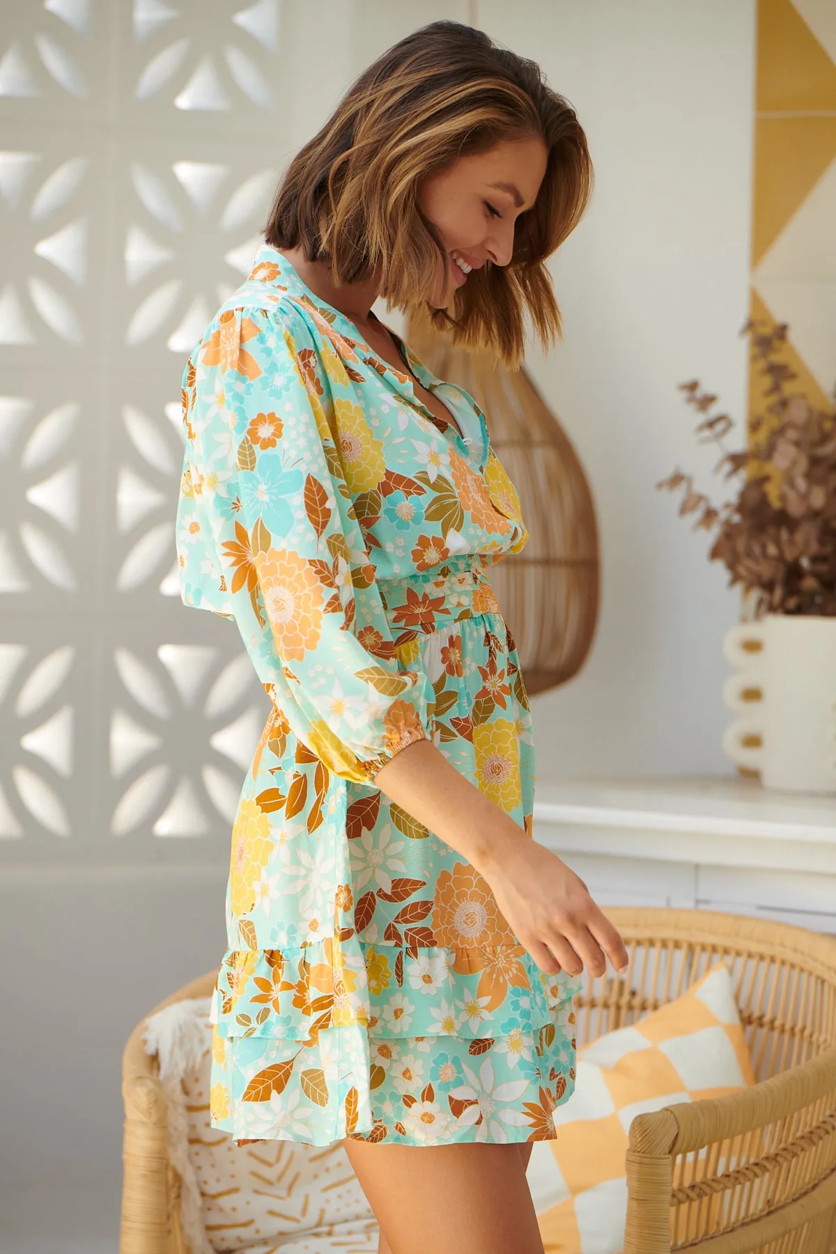 Mint Tiffany Print Flowers Mini Dress