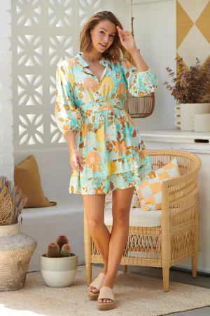 Mint Tiffany Print Flowers Mini Dress