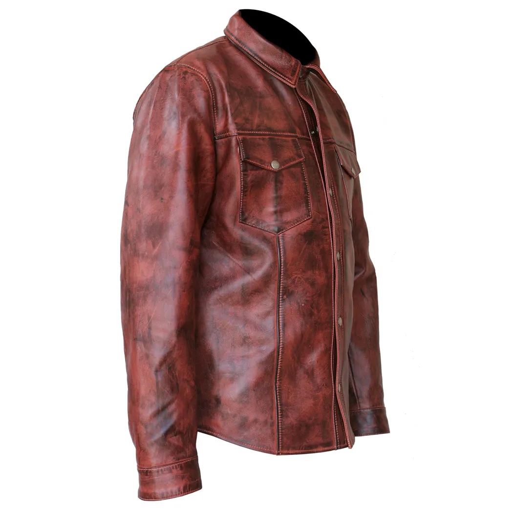 Perrini Mens Brown Soft Leather Full Sleeve Slim Fit Button up Shirt