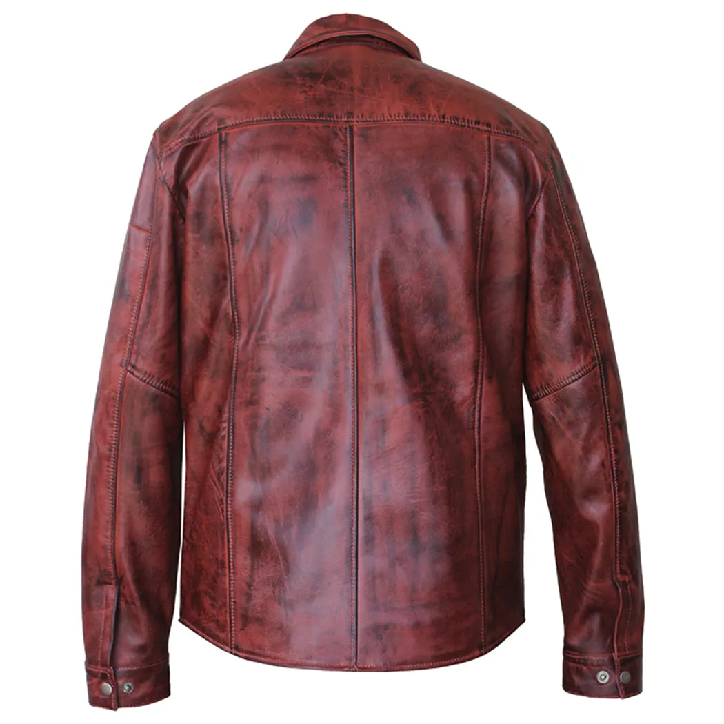 Perrini Mens Brown Soft Leather Full Sleeve Slim Fit Button up Shirt