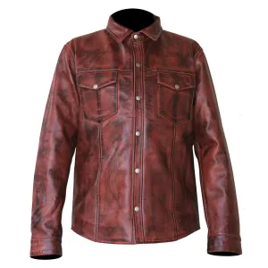 Perrini Mens Brown Soft Leather Full Sleeve Slim Fit Button up Shirt