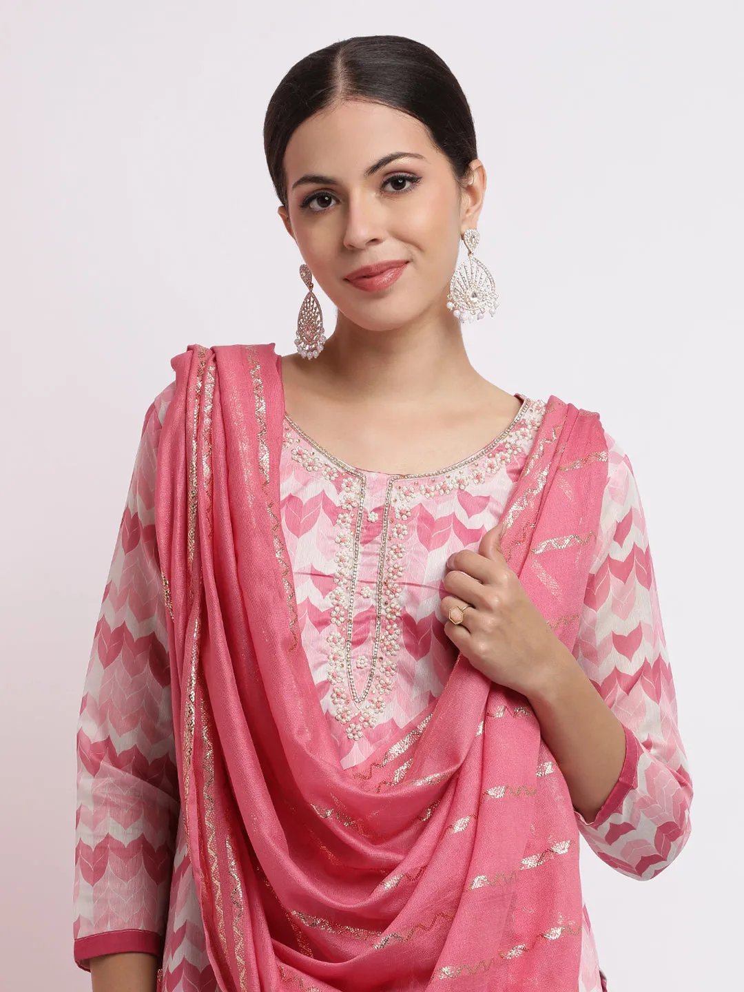 Pink Embroidered Cotton Blend Kurta Set With Dupatta