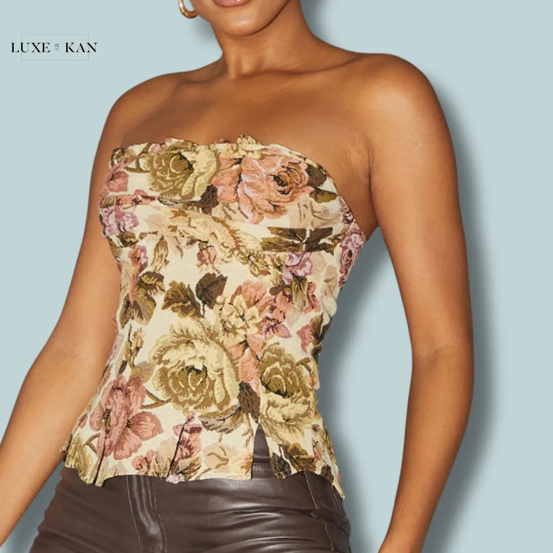 PRETTYLITTLETHING Nude Floral Woven Jacquard Ruched Bust Spilt Hem Corset