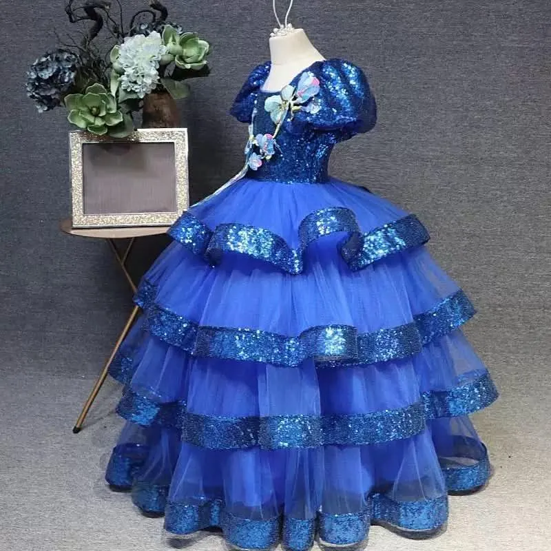 Puff sleeve sequin embroidered flower cake long dress party elegant girls evening dress