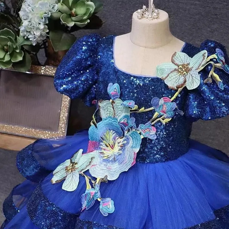 Puff sleeve sequin embroidered flower cake long dress party elegant girls evening dress