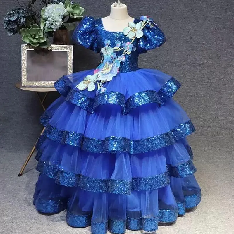 Puff sleeve sequin embroidered flower cake long dress party elegant girls evening dress