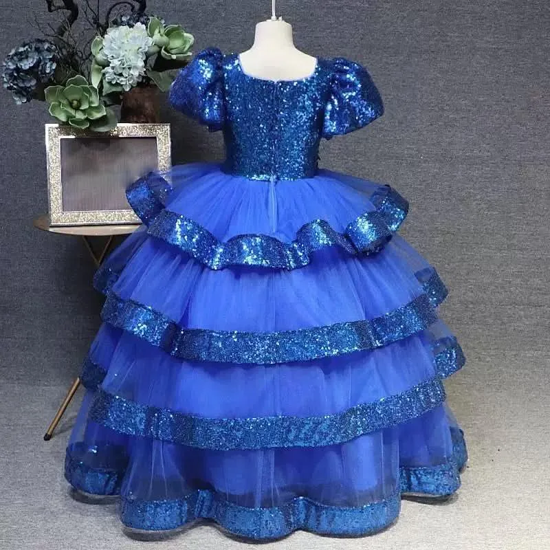 Puff sleeve sequin embroidered flower cake long dress party elegant girls evening dress