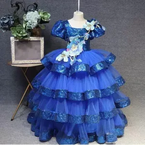 Puff sleeve sequin embroidered flower cake long dress party elegant girls evening dress