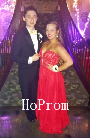 Red Chiffon Prom Dresses,Strapless Prom Dress,Evening Dress