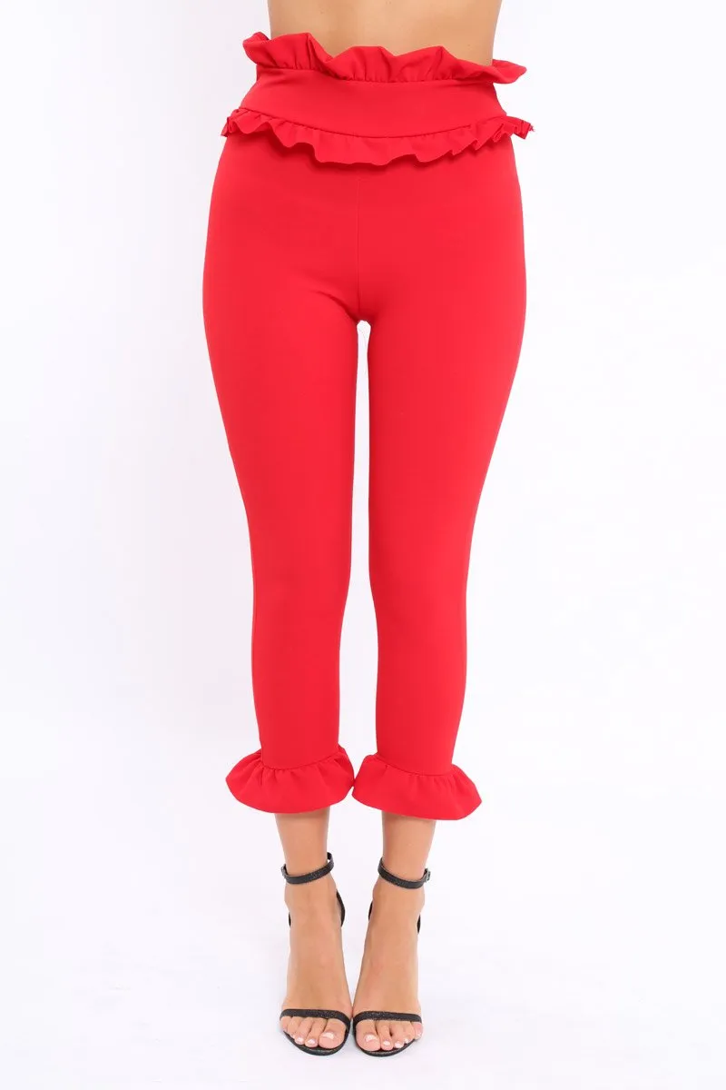 Red Frill Hem Trousers - Paisley