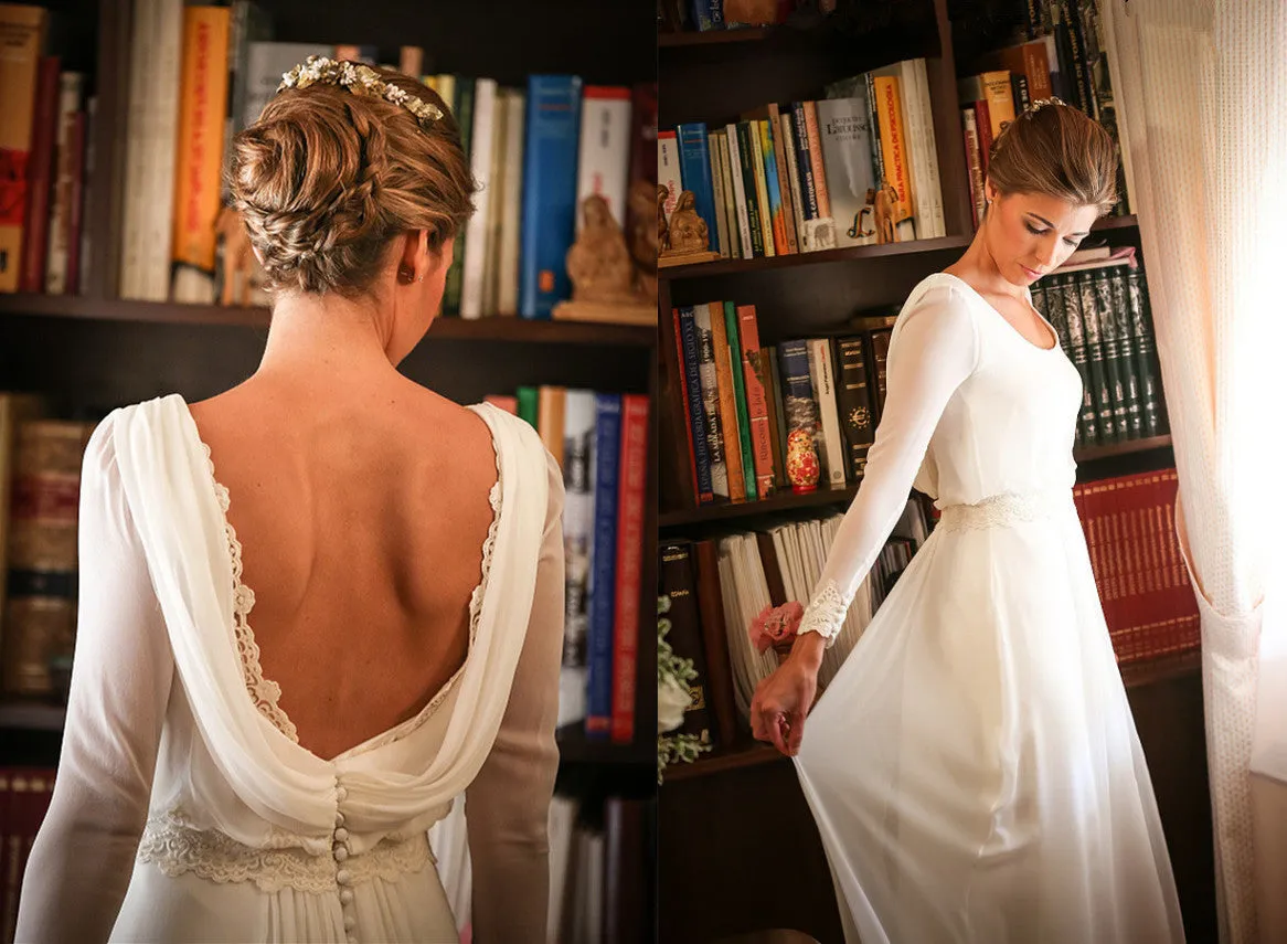 Round Neck Long Sleeve Open Back Buttons Lace Applique Chiffon Wedding Dress