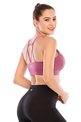RUNNING GIRL Padded Strappy Sports Bras for Women, Medium Support Yoga Bra Workout Gym Activewear(WX2569 Rose Red,L)