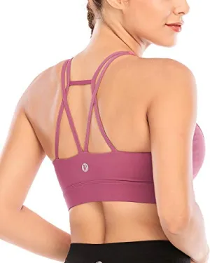 RUNNING GIRL Padded Strappy Sports Bras for Women, Medium Support Yoga Bra Workout Gym Activewear(WX2569 Rose Red,L)