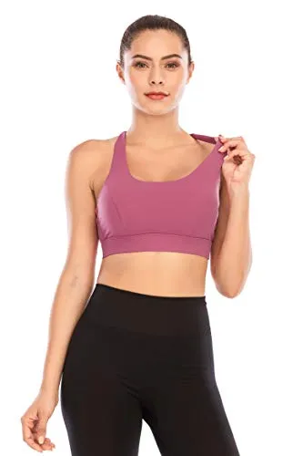 RUNNING GIRL Padded Strappy Sports Bras for Women, Medium Support Yoga Bra Workout Gym Activewear(WX2569 Rose Red,L)