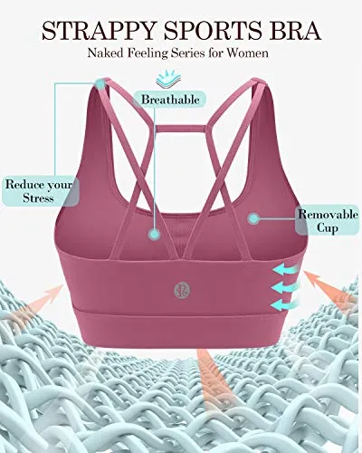 RUNNING GIRL Padded Strappy Sports Bras for Women, Medium Support Yoga Bra Workout Gym Activewear(WX2569 Rose Red,L)