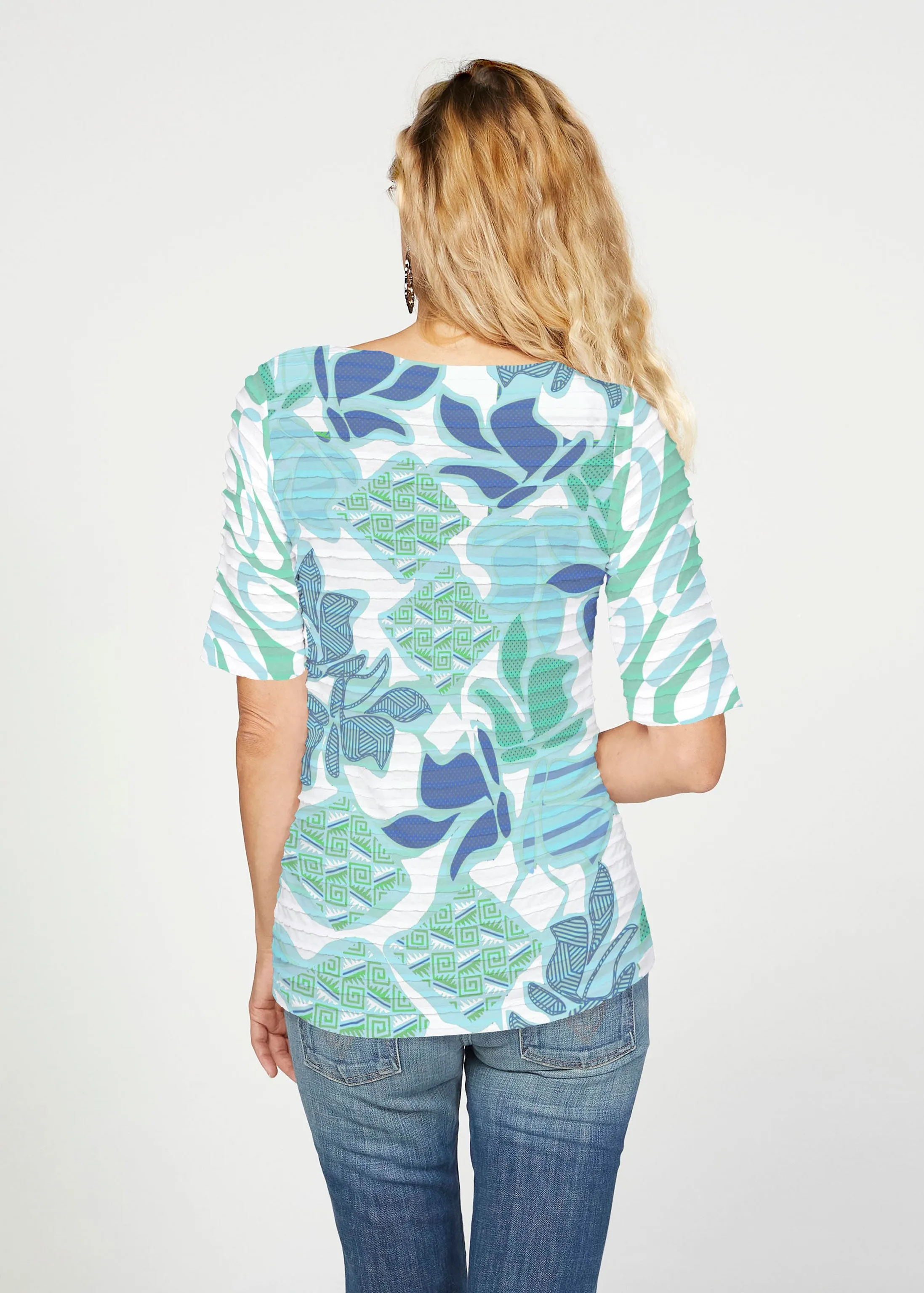 Sail Blue (8087) ~ Banded Elbow Sleeve Boat Neck Top
