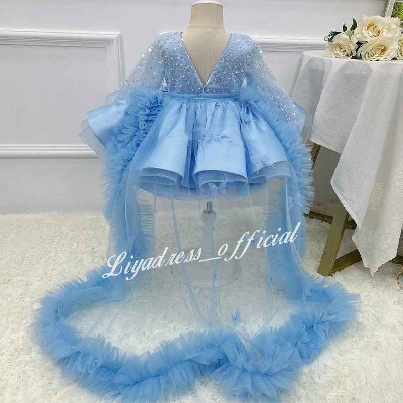 Satin Fluffy Sequin Baby Party Stage Show Elegant Girls Evening Dress