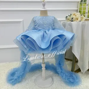 Satin Fluffy Sequin Baby Party Stage Show Elegant Girls Evening Dress