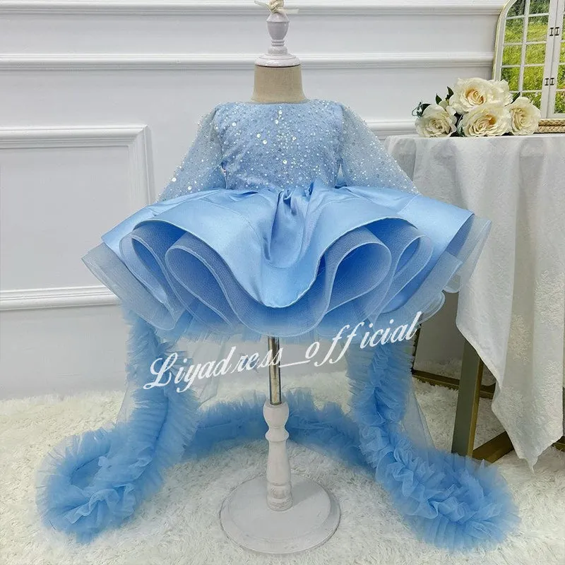 Satin Fluffy Sequin Baby Party Stage Show Elegant Girls Evening Dress