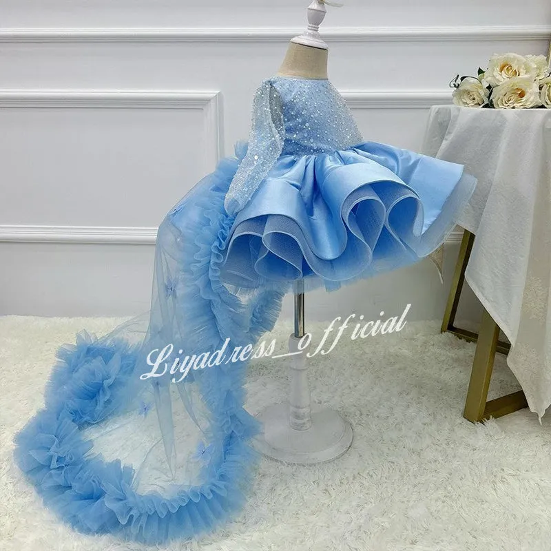 Satin Fluffy Sequin Baby Party Stage Show Elegant Girls Evening Dress
