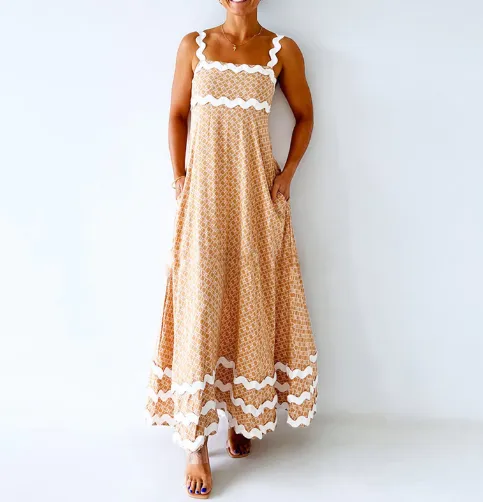 Scalloped Strap Printed Maxi Dress