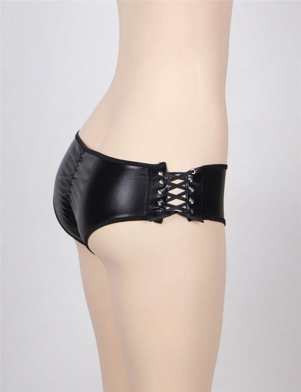 Scandals Faux Leather Open Crotch Strappy Black Panty