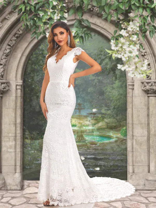 Sexy Bohemian V-neck Cap Sleeves Open Back Mermaid Long Wedding Dress, WD3095