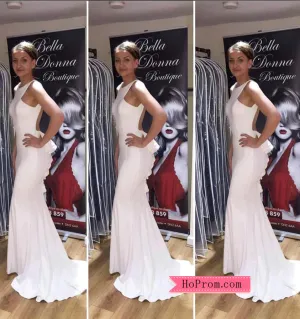 Sexy White Open Back Long Jersey Prom Dress with Ruffle