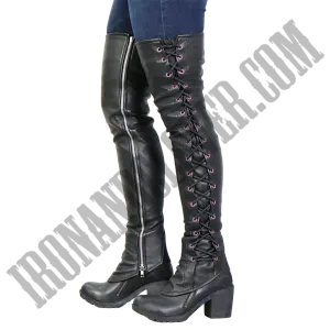 Side Lace Leather Leggings with Purple Accent