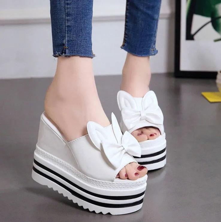 Slope high heel sandals increased rabbit ears waterproof platform muffin thick bottom fish mouth slippers women