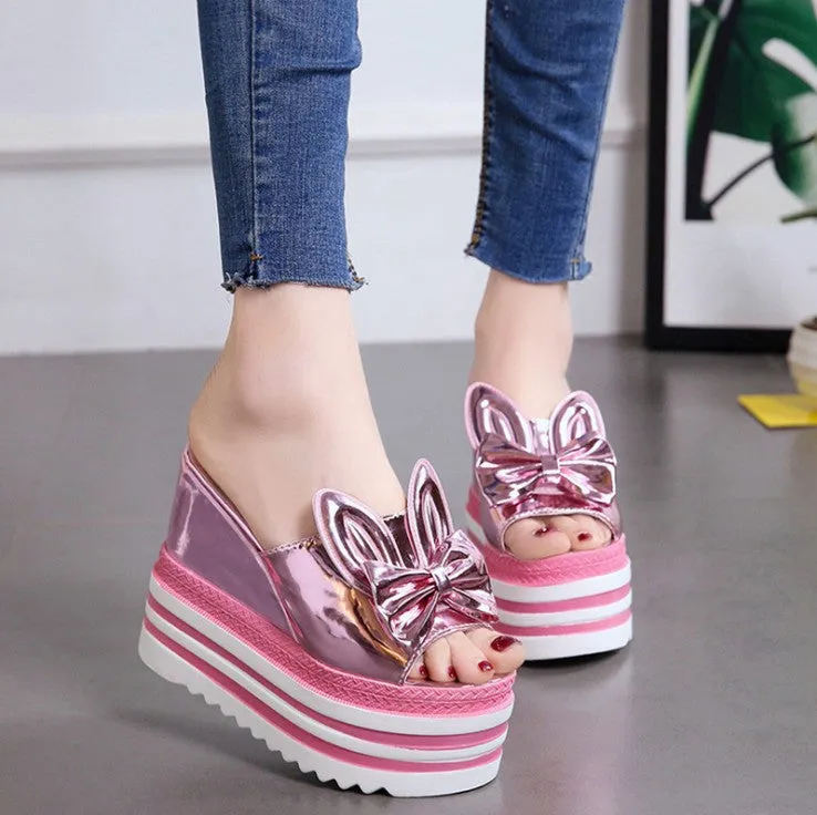 Slope high heel sandals increased rabbit ears waterproof platform muffin thick bottom fish mouth slippers women
