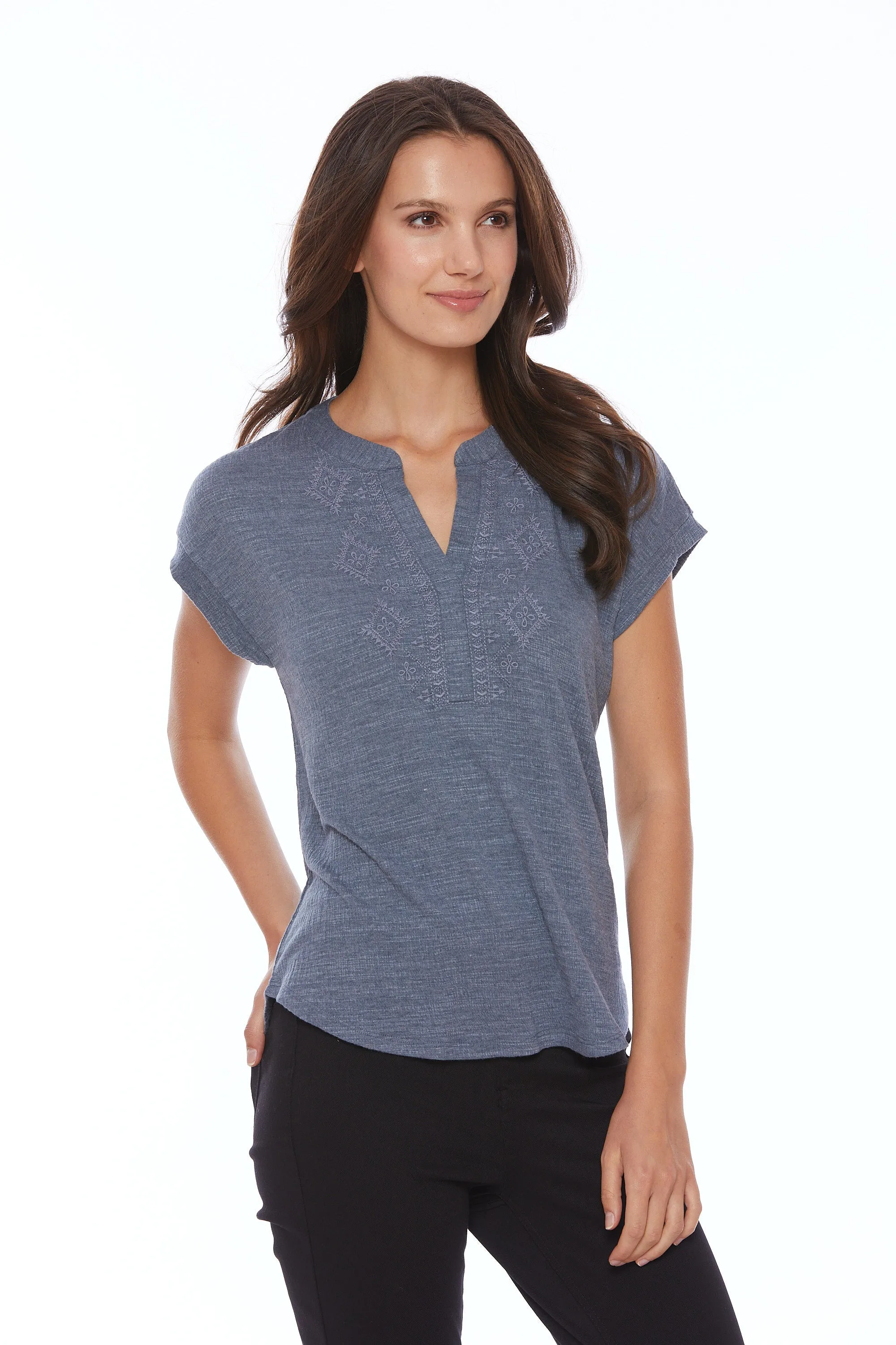 Soft Crinkle Embroidered Henley