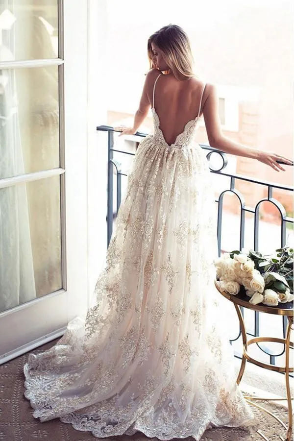 Spaghetti Straps Lace A-line Backless Prom Dress Bridal Gowns PG378