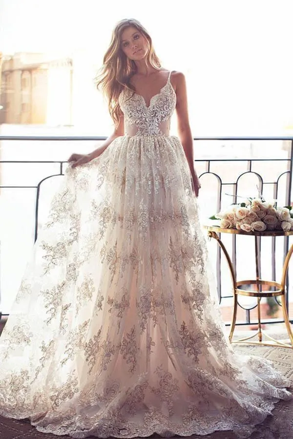 Spaghetti Straps Lace A-line Backless Prom Dress Bridal Gowns PG378