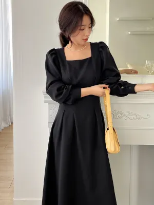 Square Neck Lantern Sleeve Plicated Detail Dress