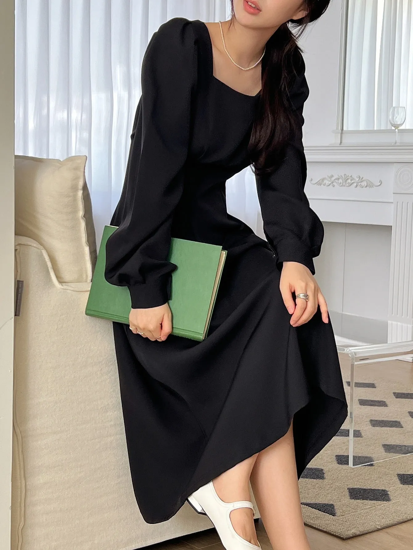 Square Neck Lantern Sleeve Plicated Detail Dress