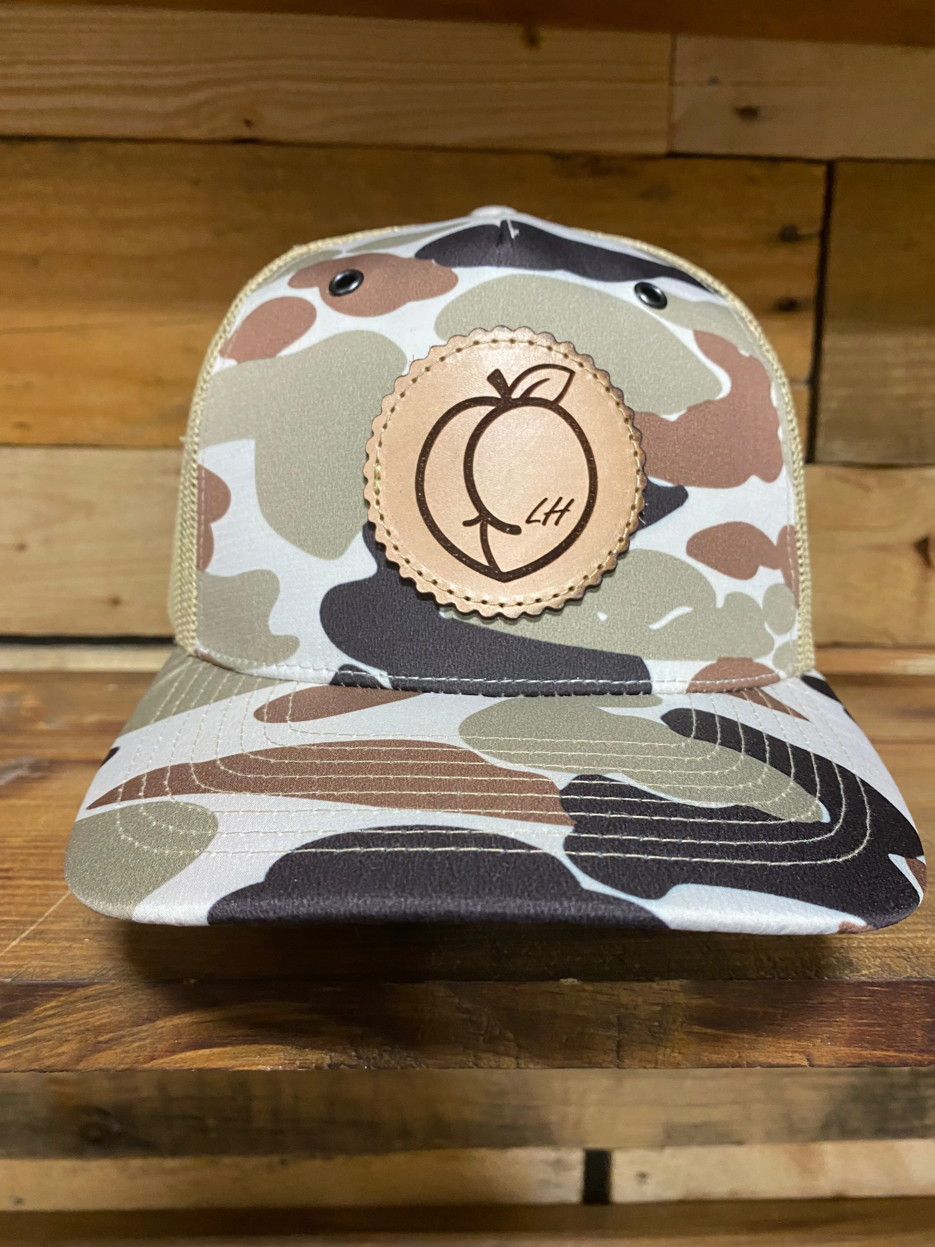 The Leather Head Hat Co peach silhouette ass Camo 5 panel mesh Snapback hat cap