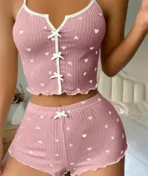 Trendy Heart shaped Print Contrast Color trendy pajamas Set With Suspender Front Slit Home Suit sleepwear