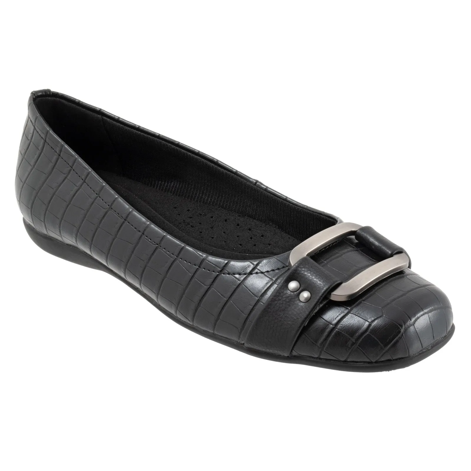 Trotters Sizzle Sign T1251-011 Womens Black Wide Leather Ballet Flats Shoes